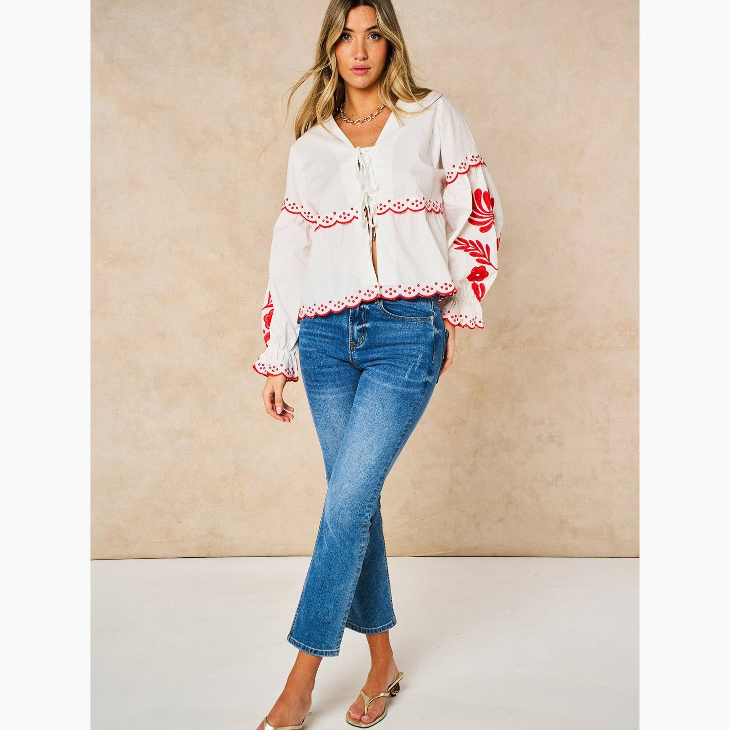 WHITE/RED EMBROIDERED TIE FRONT SHIRT