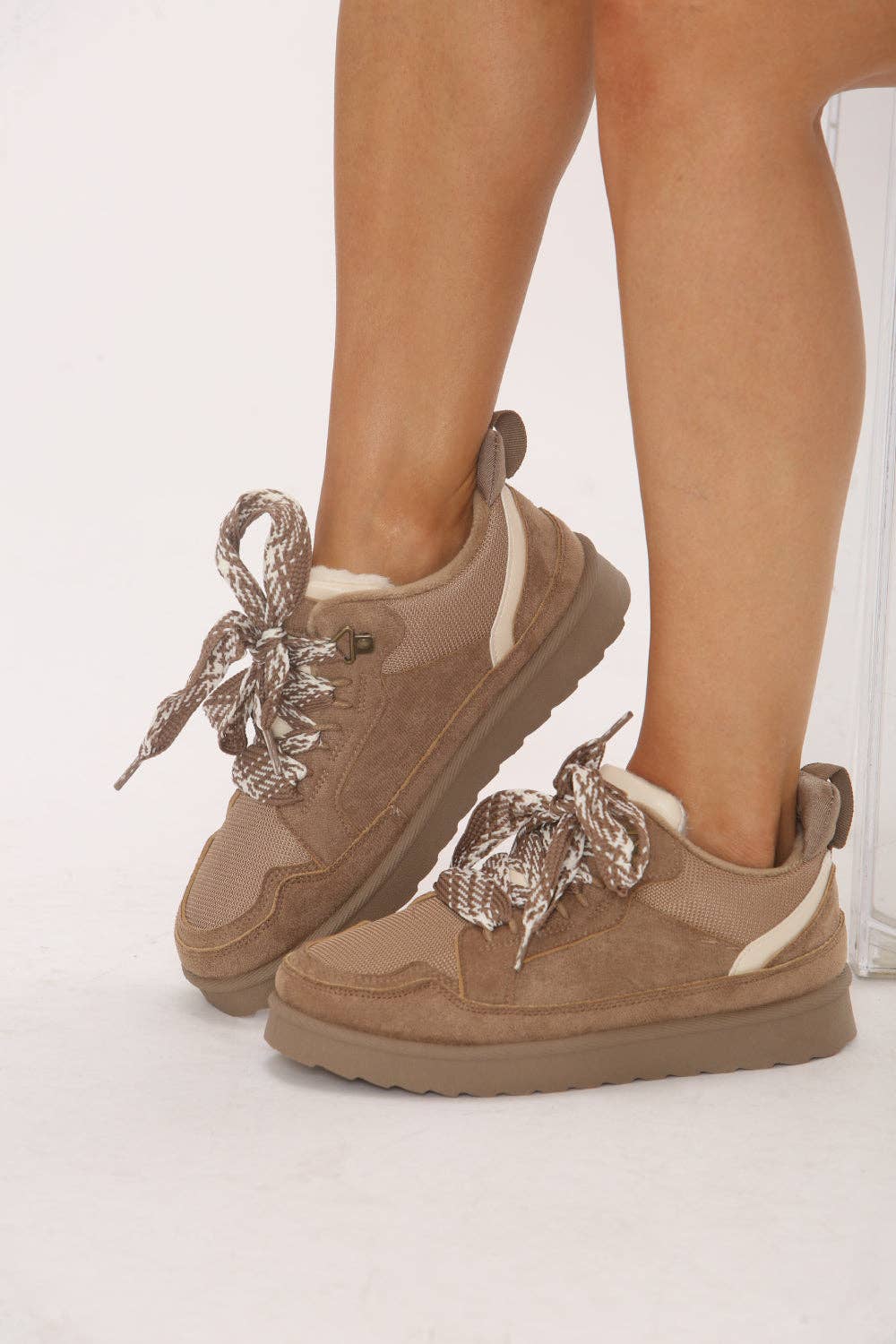 Camel Designer Fur Lined Lace-Up Trainers: CAMEL SUEDE / STANDARD / UK6/US8
