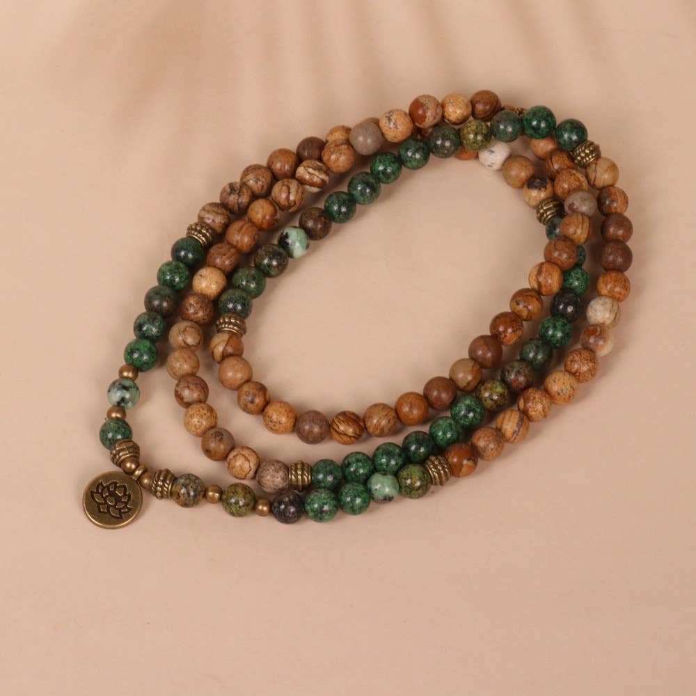 108-Bead African Pine and Picture Stone Beaded Bracelet