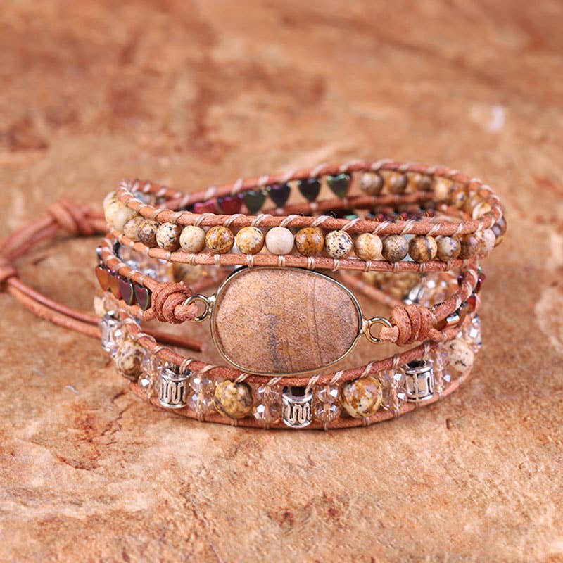 Boho Ethnic Pictured Stone Crystal Leather Bracelet
