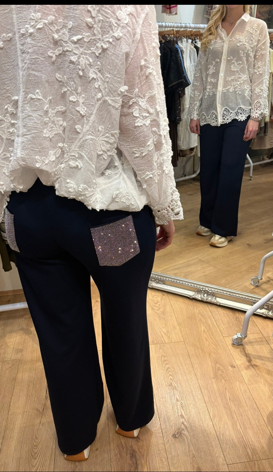 NAVY SEQUIN BACK TROUSER
