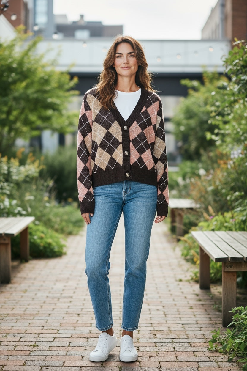 Argyle pattern Brown/pink Cardigan