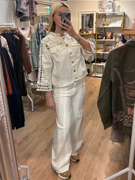 White Soft Denim Jacket With Silver Detailing