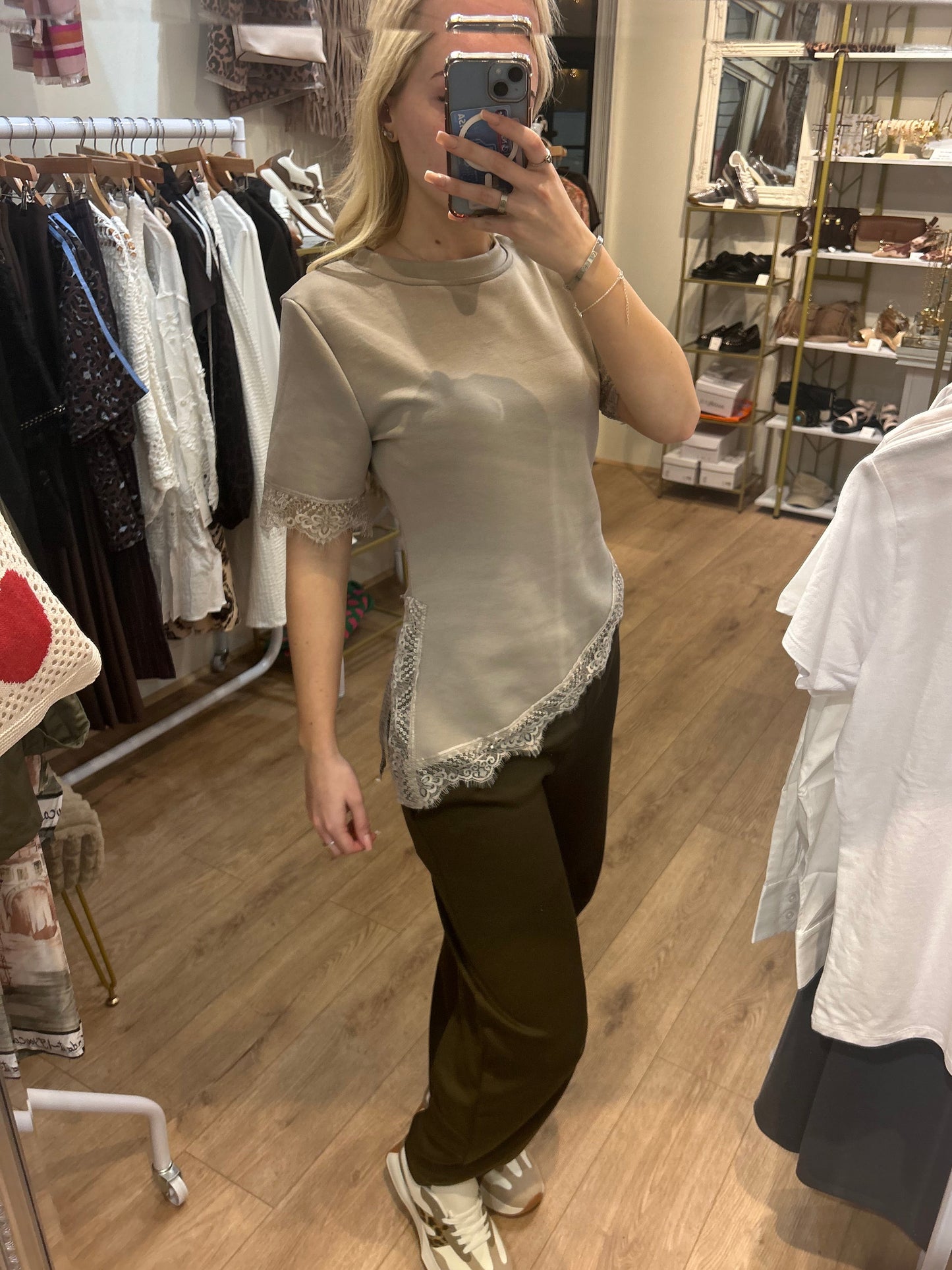 TAUPE LACE TRIM TSHIRT
