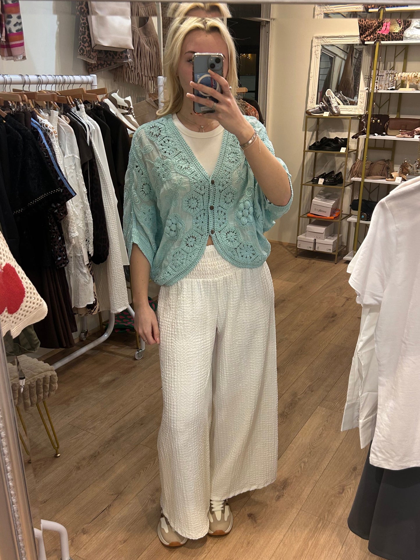 WHITE WIDE LEG WAFFLE TROUSER