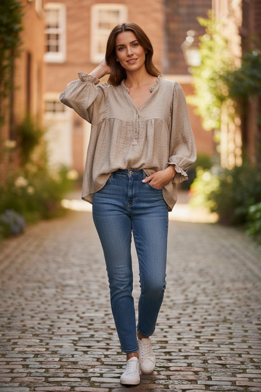 Natural Waffle Material Oversized Blouse