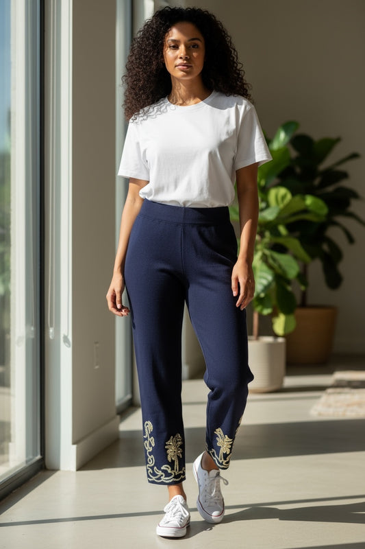 Cream Palm Stitch Fine Knit Trouser