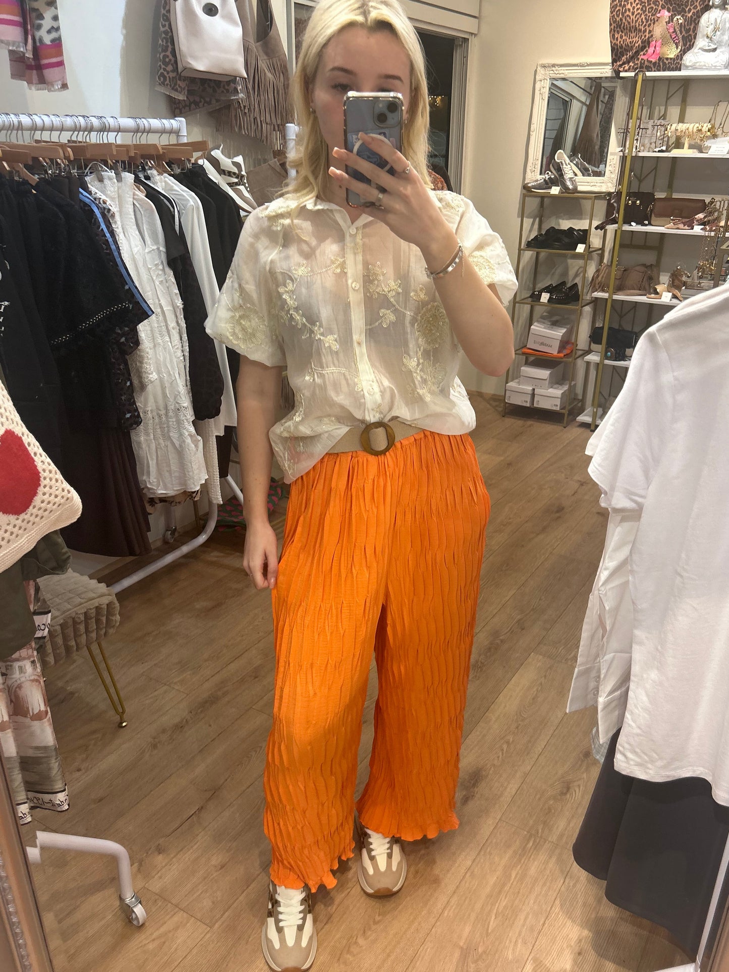 ORANGE BELTED CRINKLE TROUSER