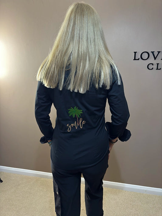 BLACK SHIRT WITH PALM EMBROIDERY