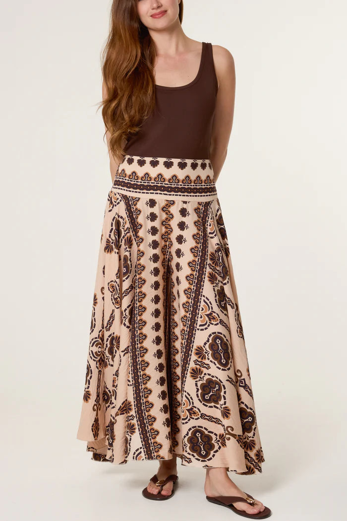 BROWN PRINTED WIDE LEG TROUSER