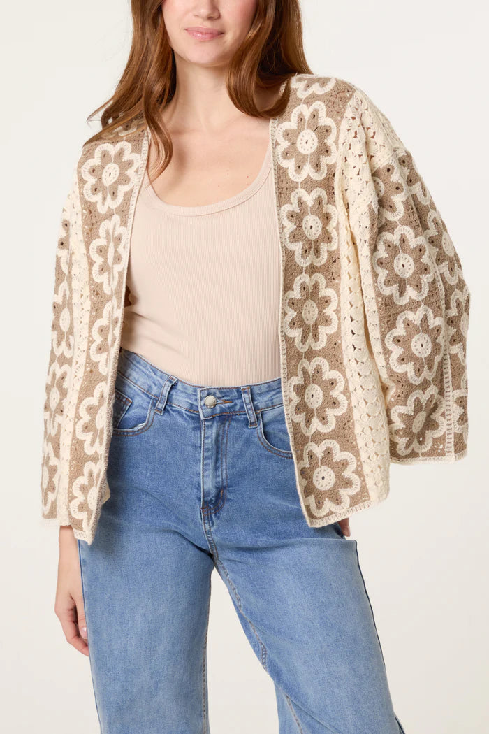 MOCHA FLORAL CROCHET WIDE SLEEVE CARDIGAN