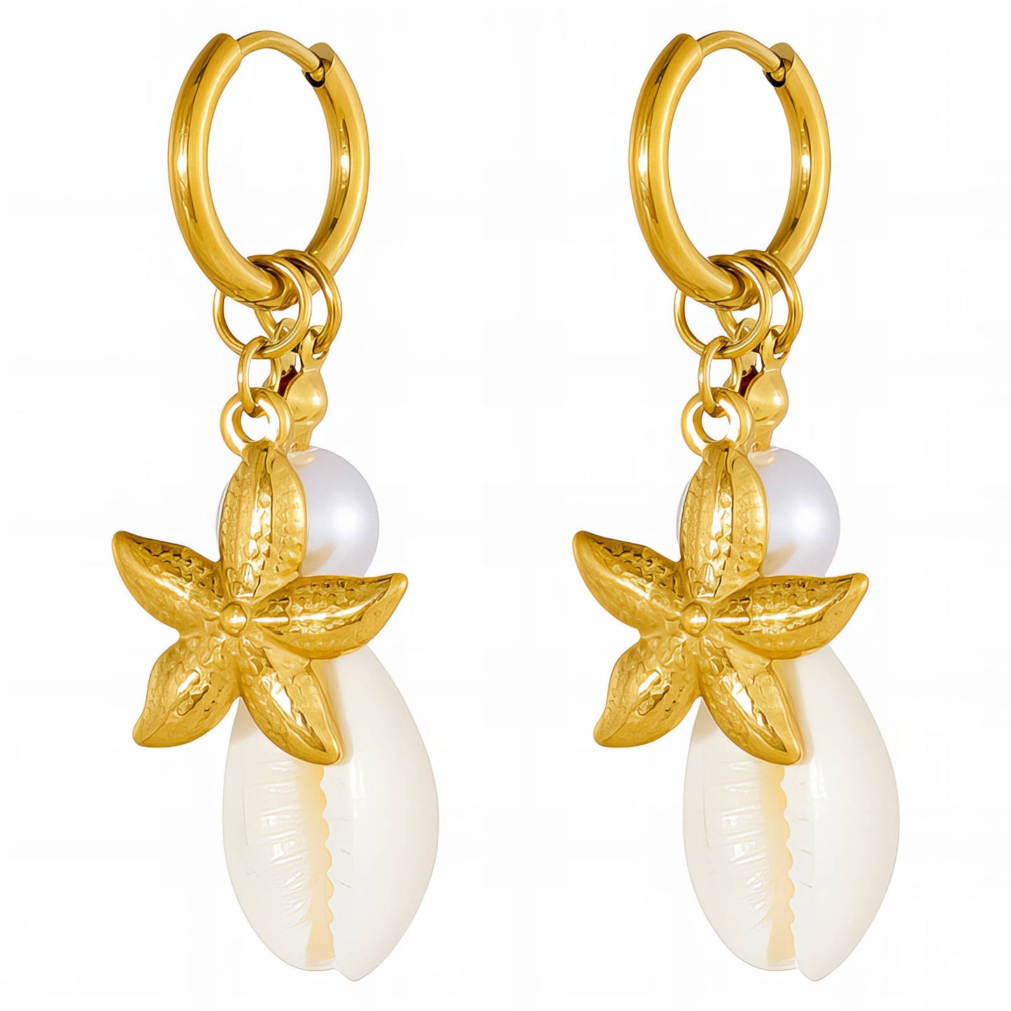 STARFISH AND SHELL EARRINGS - 18K GOLD PLATED STEEL
