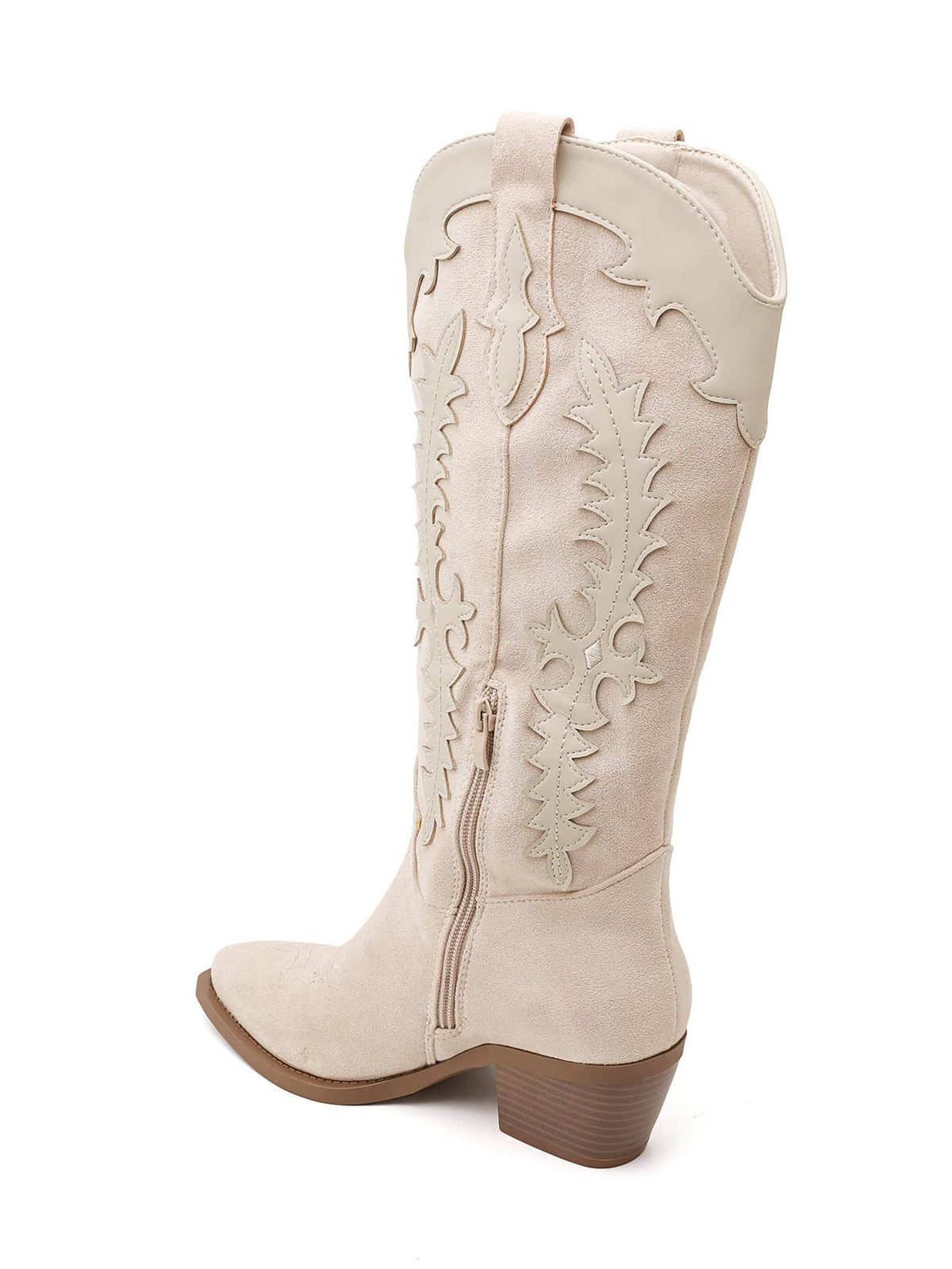 2552A Tall Two‑Material Cowboy Boots with Western Embroideries: KHAKI