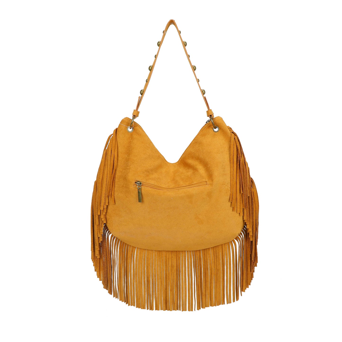 H701 Fringe Hobo Bag with Stud Detail: Beige