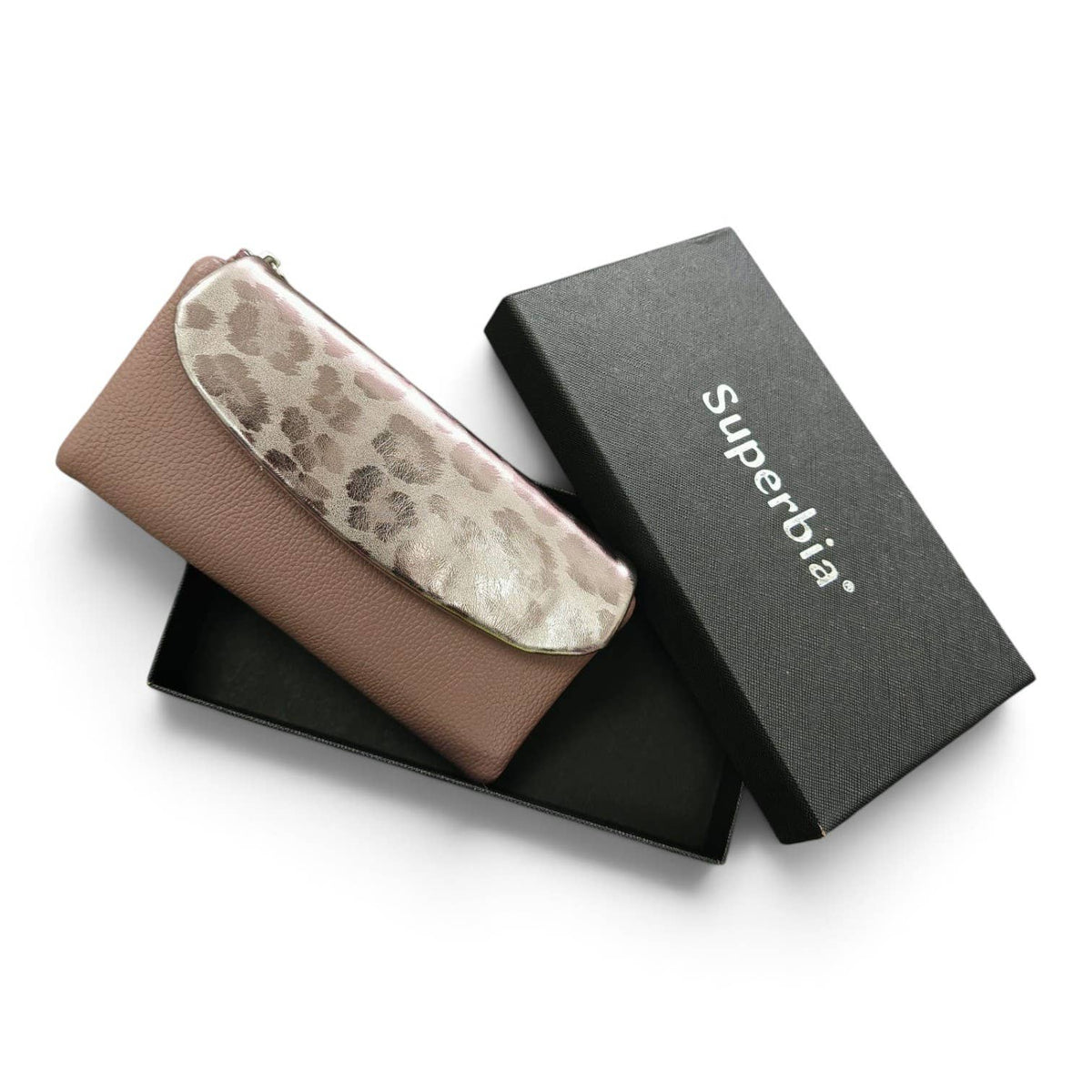 Soft Pu Metallic Leopard Print Long Purse Clutch + Gift Box: Apricot