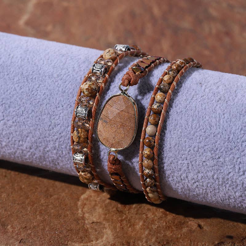 Boho Ethnic Pictured Stone Crystal Leather Bracelet