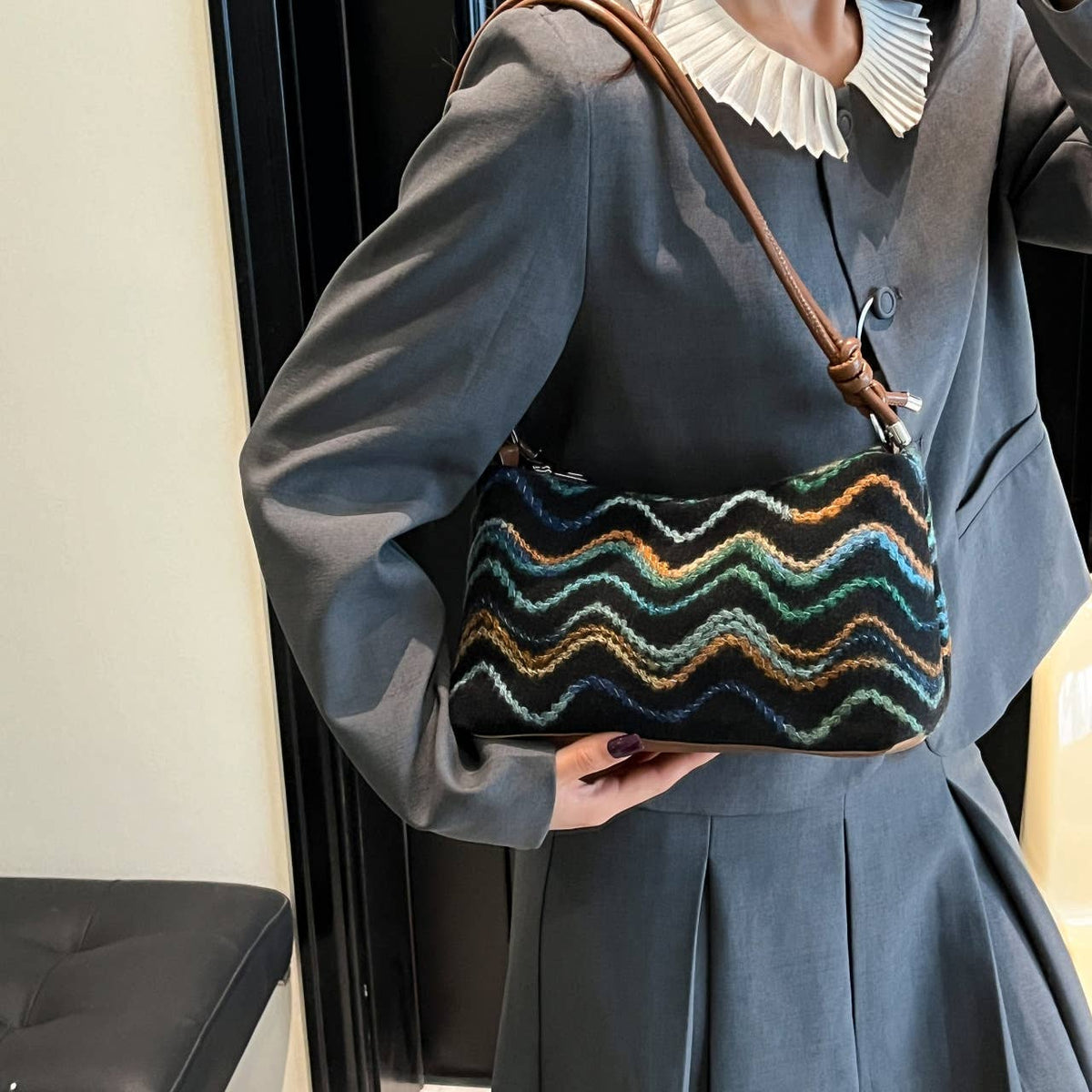 Medium Size Light Weight Multicolour Woven Top Handle Bag: Black