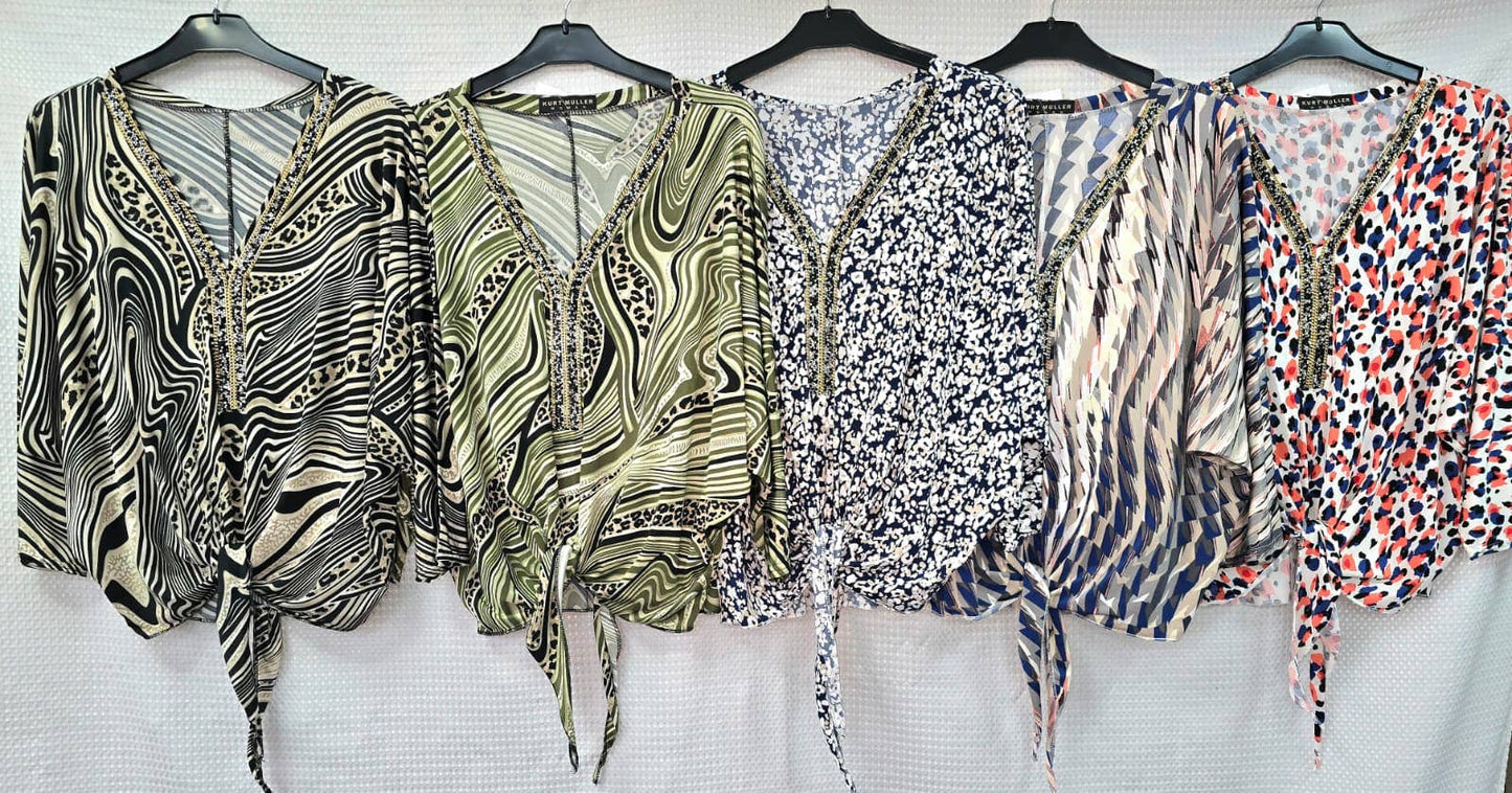 Printed V Diamante Slinky Tops: ZigZag