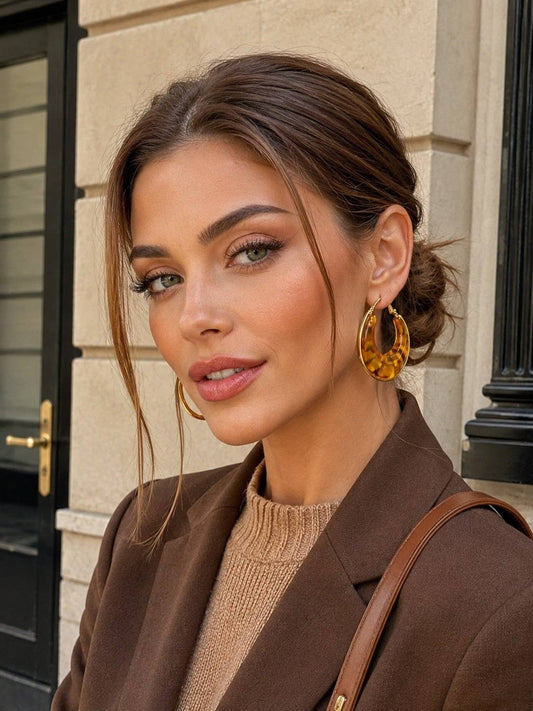 Creole hoop earrings adorned with natural resin in stainless steel: Marron Clair