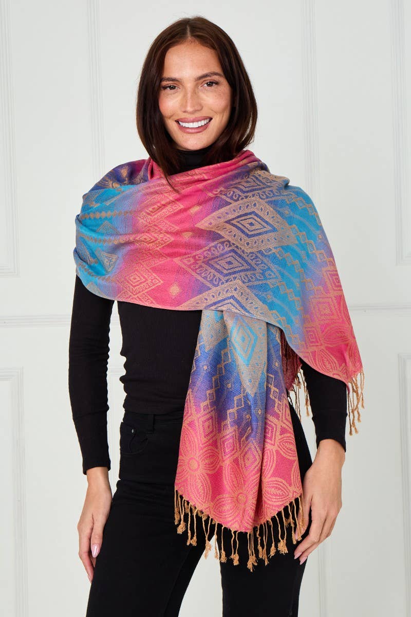 Super Soft Reversible Pashmina scarf /Shawl-Azec 6364: Blue