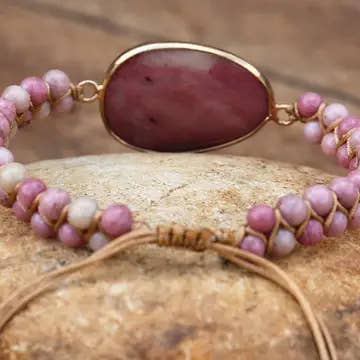 Boho Ethnic Rhodochrosite Hand-woven Bracelet: Rhodochrosite