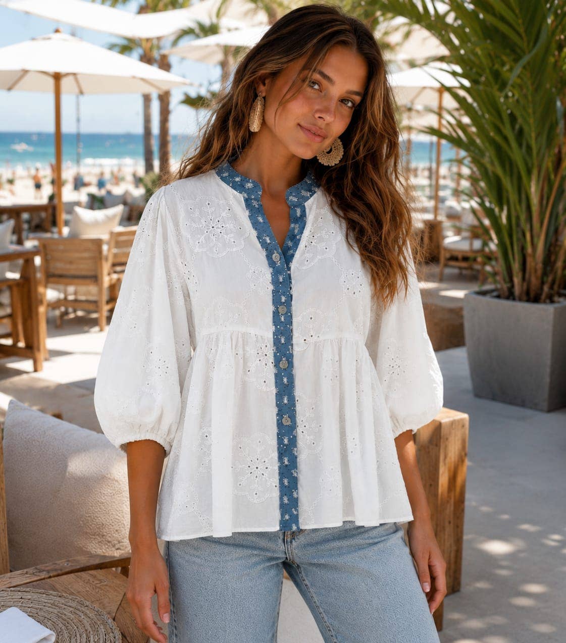 Denim Sequin Trim Embroidery Crochet Top