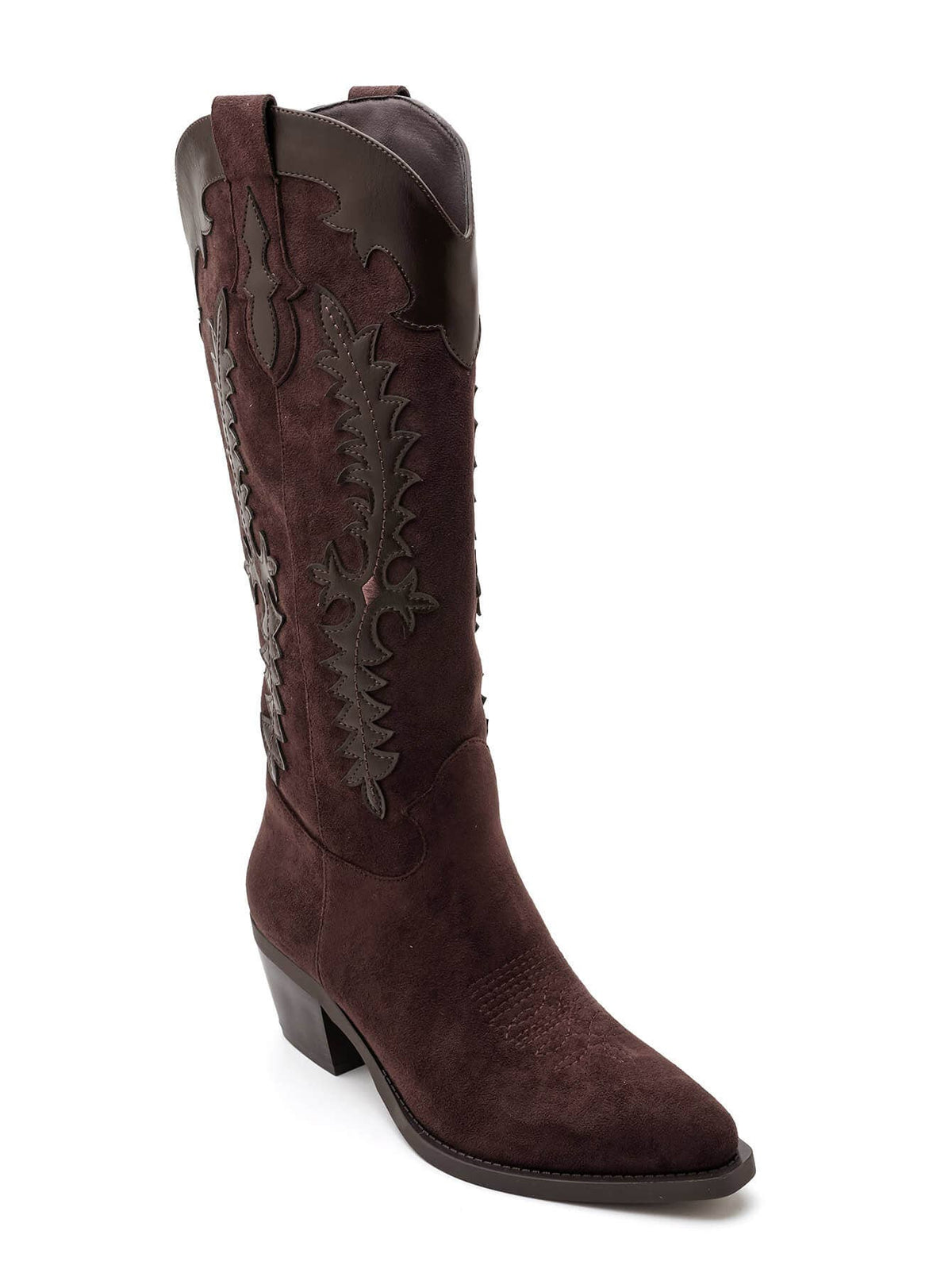 2552A Tall Two‑Material Cowboy Boots with Western Embroideries: KHAKI