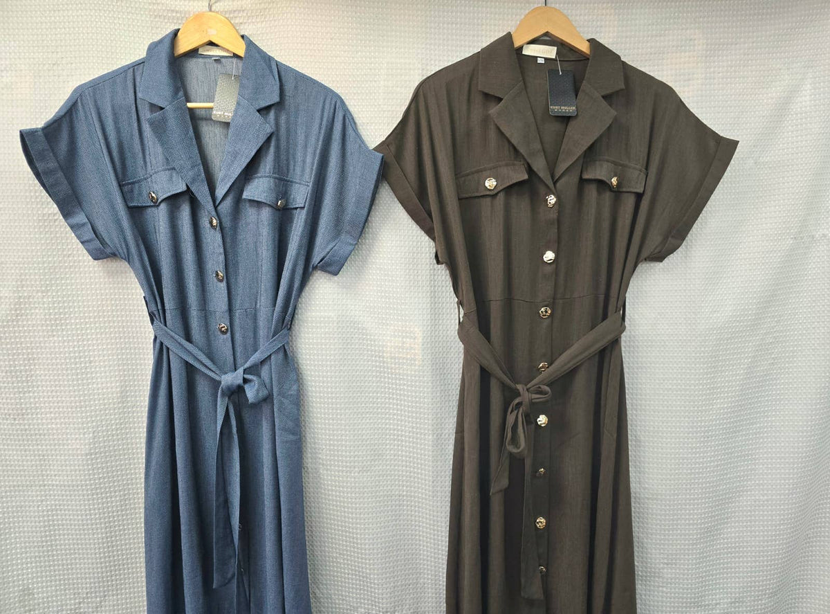 Pure Cotton Textured Gold Button Shirt Maxi Dress: Blue