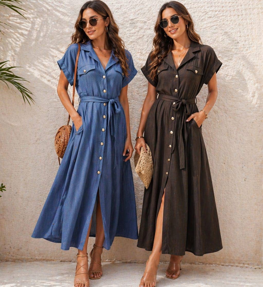 Pure Cotton Textured Gold Button Shirt Maxi Dress: Blue