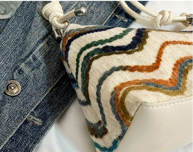 Medium Size Light Weight Multicolour Woven Top Handle Bag: Black