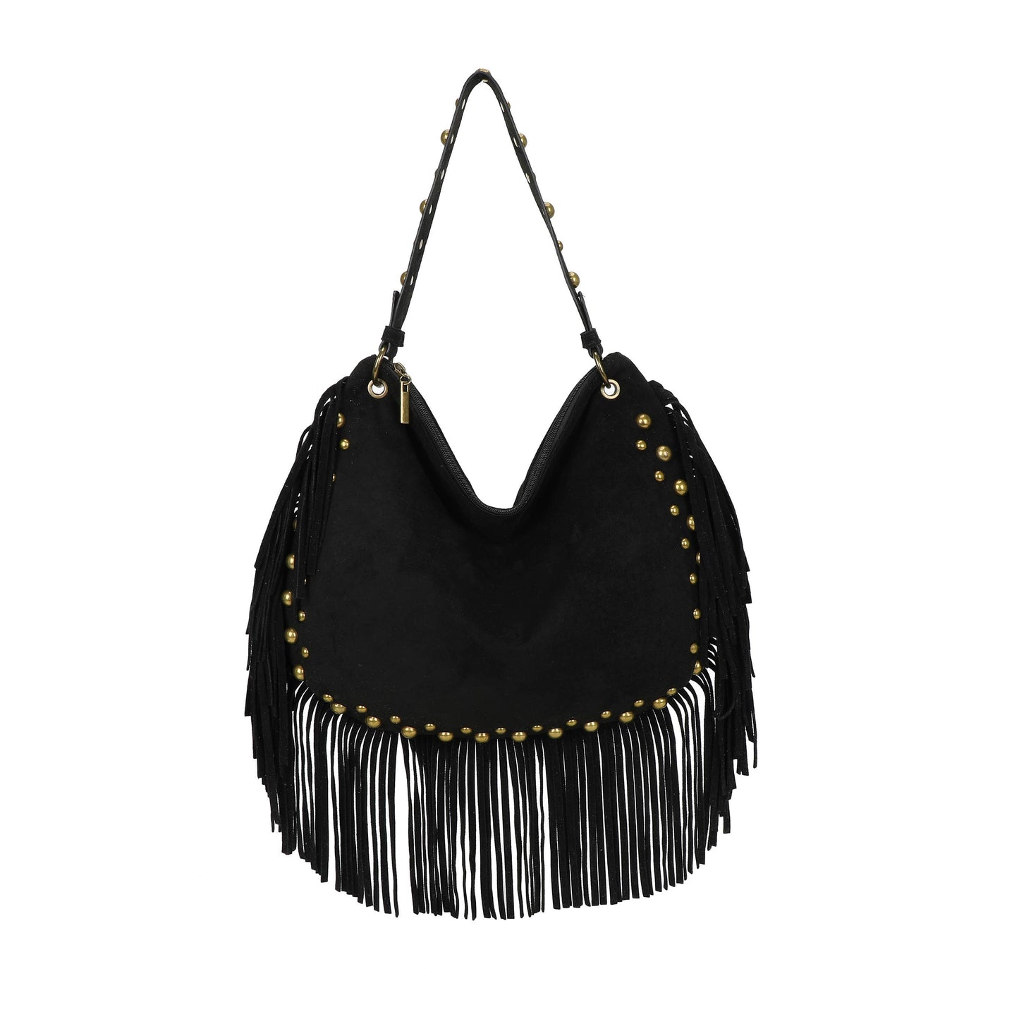 H701 Fringe Hobo Bag with Stud Detail: Beige