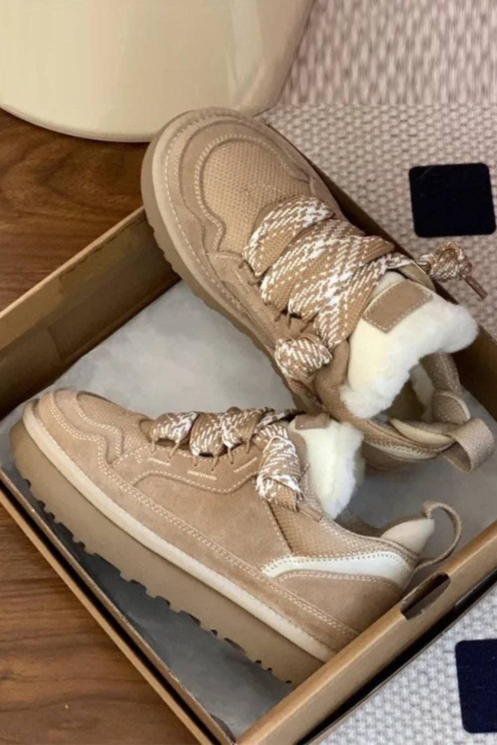 Camel Designer Fur Lined Lace-Up Trainers: CAMEL SUEDE / STANDARD / UK7/US9