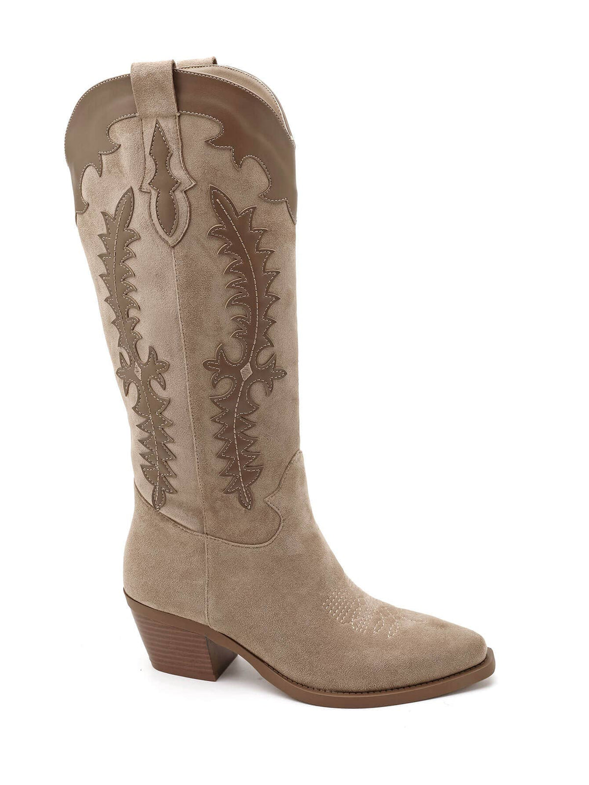 2552A Tall Two‑Material Cowboy Boots with Western Embroideries: KHAKI