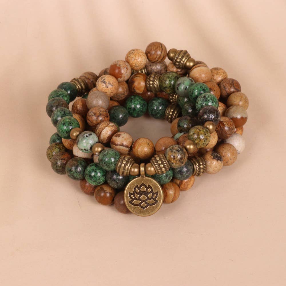 108-Bead African Pine and Picture Stone Beaded Bracelet