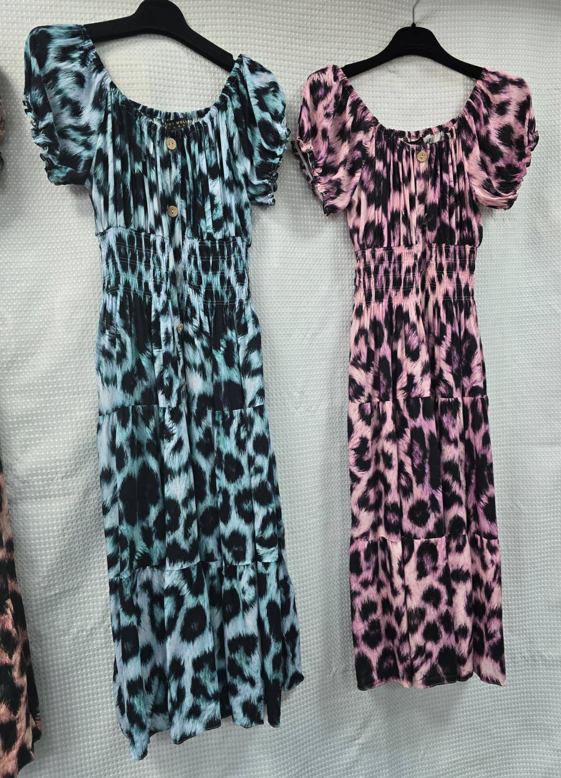 Funky Leopard Bardot Midi Dress: Soft Pink