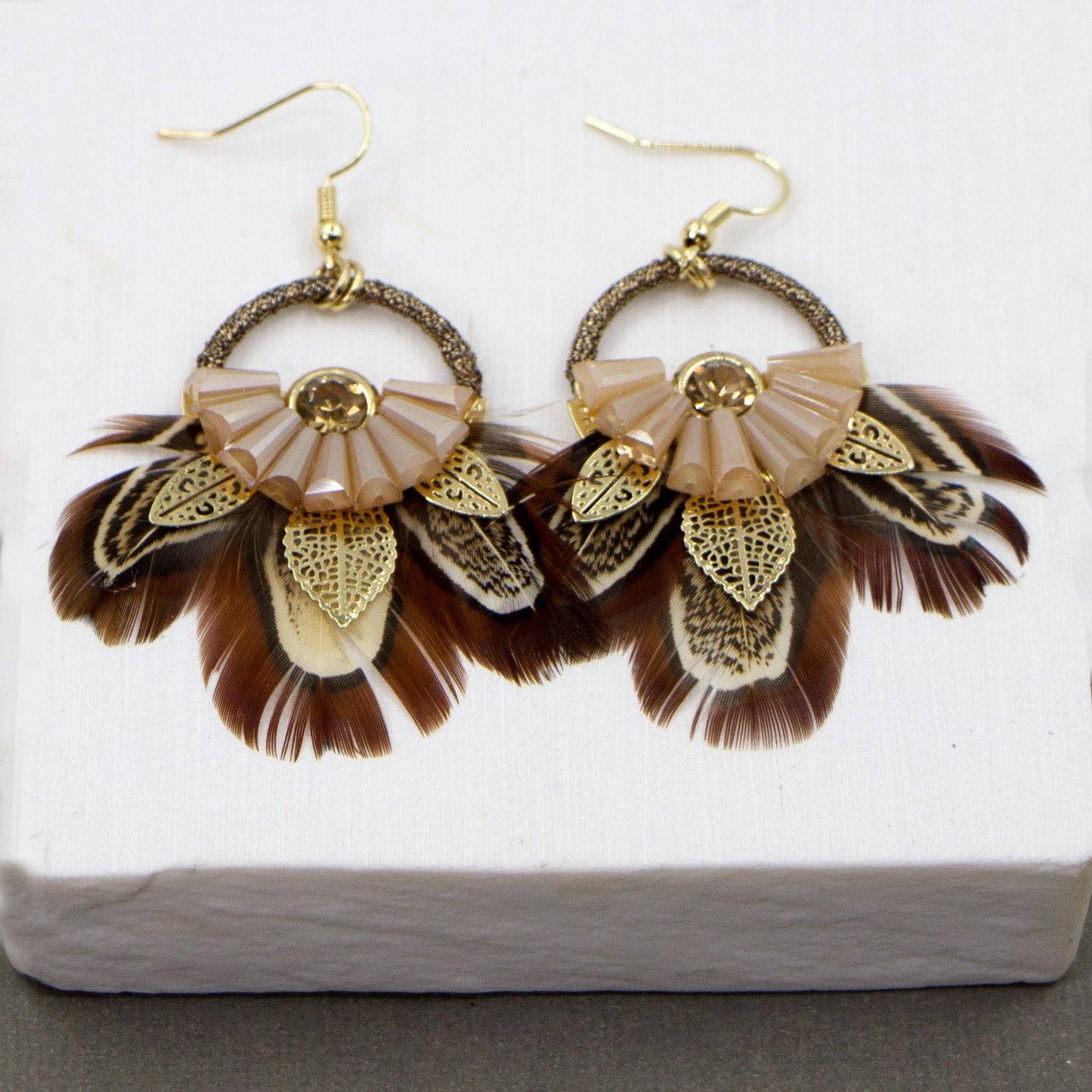 Feather dream catcher motif drop boho style earrings