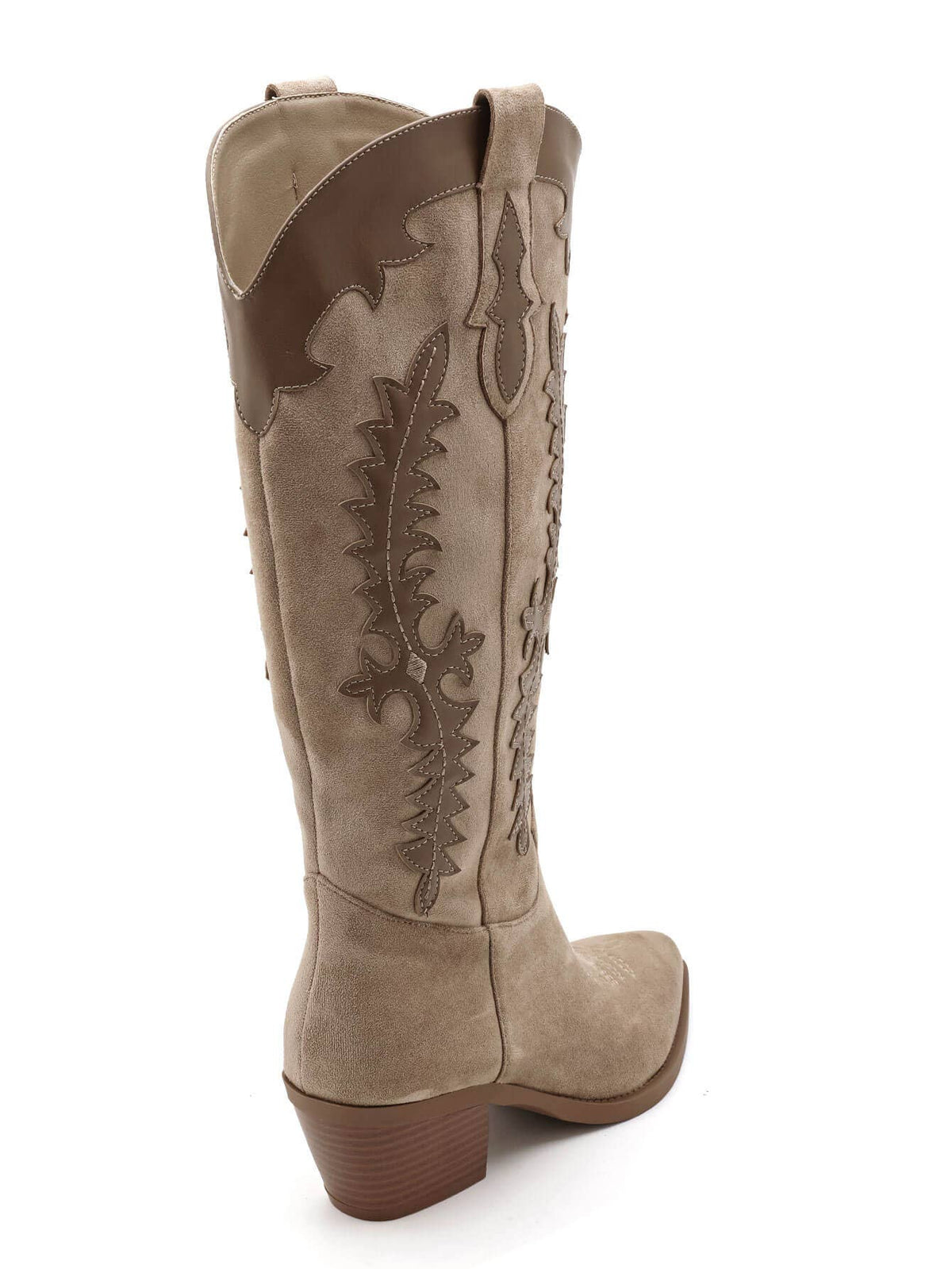 2552A Tall Two‑Material Cowboy Boots with Western Embroideries: KHAKI