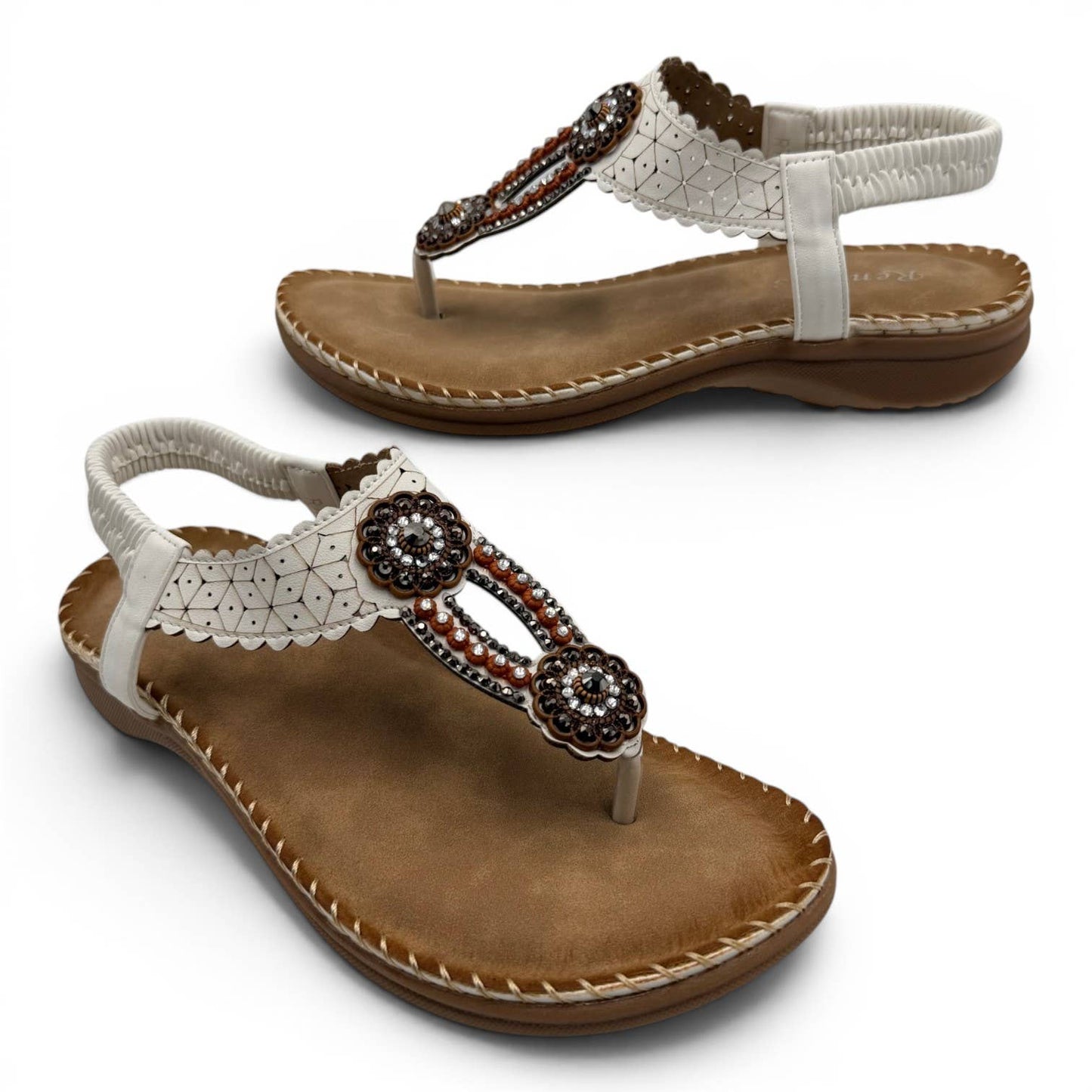 Women's Beaded Bohemian Flip Flop Sandals RT268-6: Beige