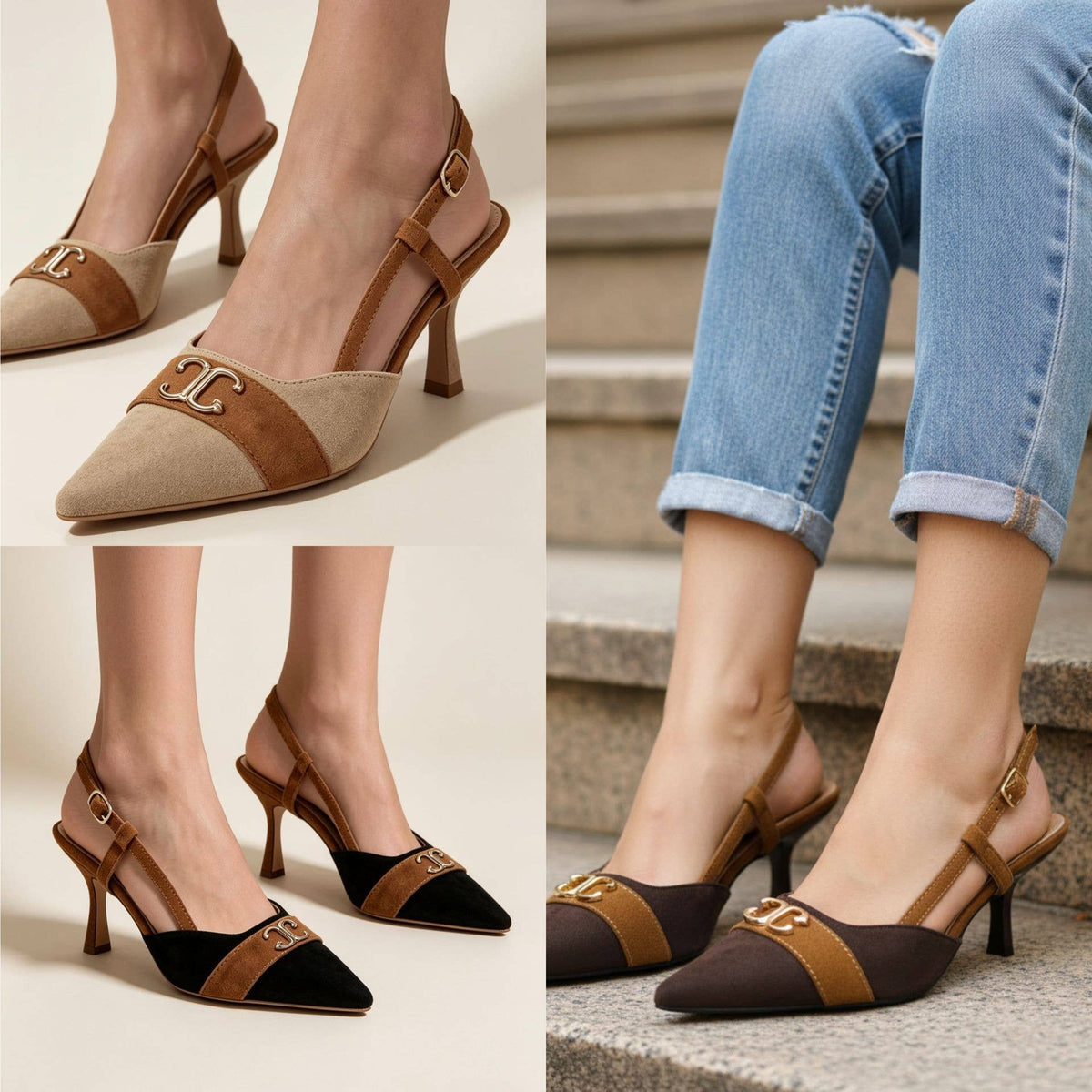 Two-Tone Suede Wholesale Pointed Slingback Heels: BLACK / Medium Heel / UK8/US10