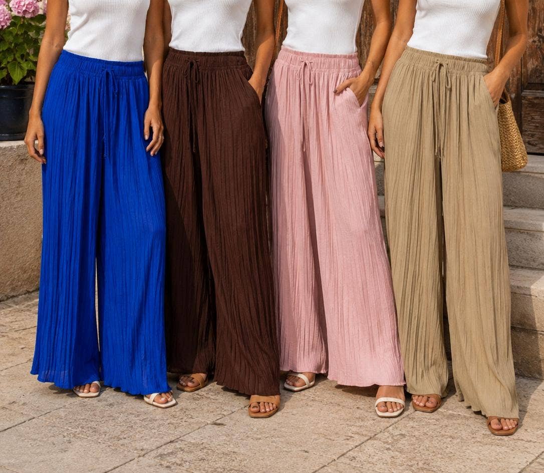 Plisse Wide Leg Elasticated Trousers: Beige