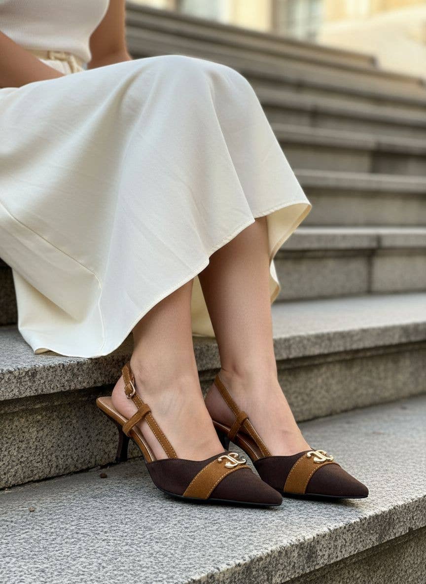Two-Tone Suede Wholesale Pointed Slingback Heels: BLACK / Medium Heel / UK6/US8