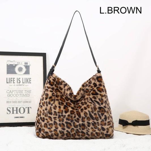 Brown Faux Fur Leopard Print Slouch Bag