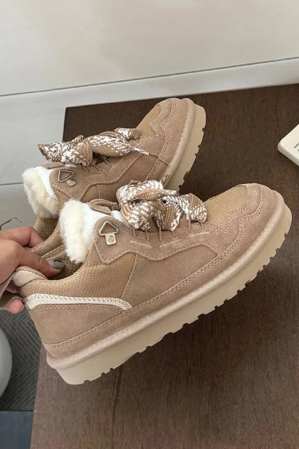 Camel Designer Fur Lined Lace-Up Trainers: CAMEL SUEDE / STANDARD / UK3/US5