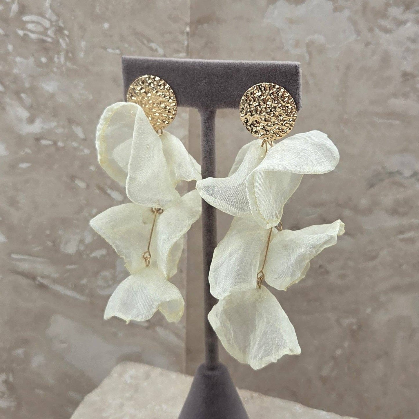 Light weight sheer fabric dangle earrings with bead centre: Cream