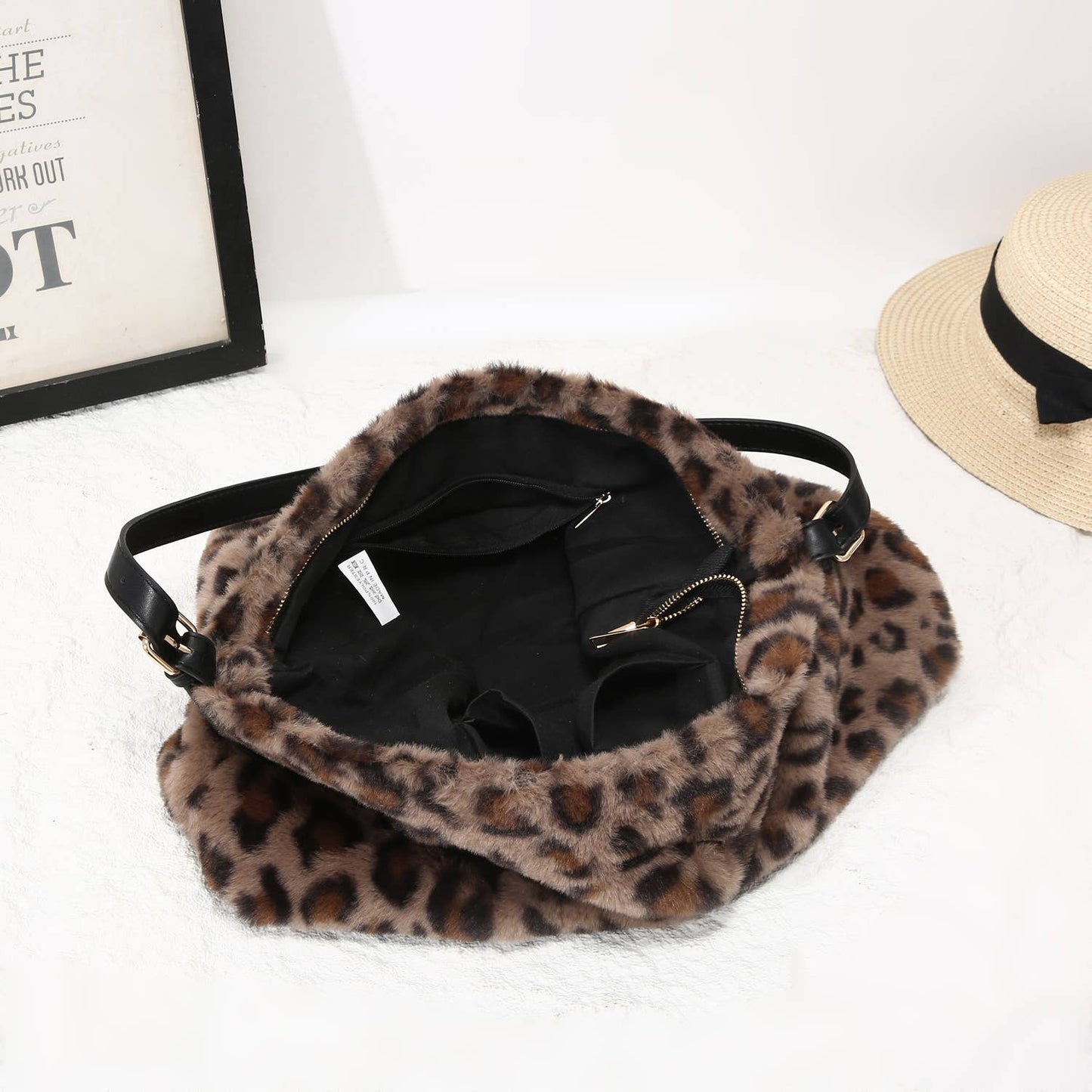 Brown Faux Fur Leopard Print Slouch Bag