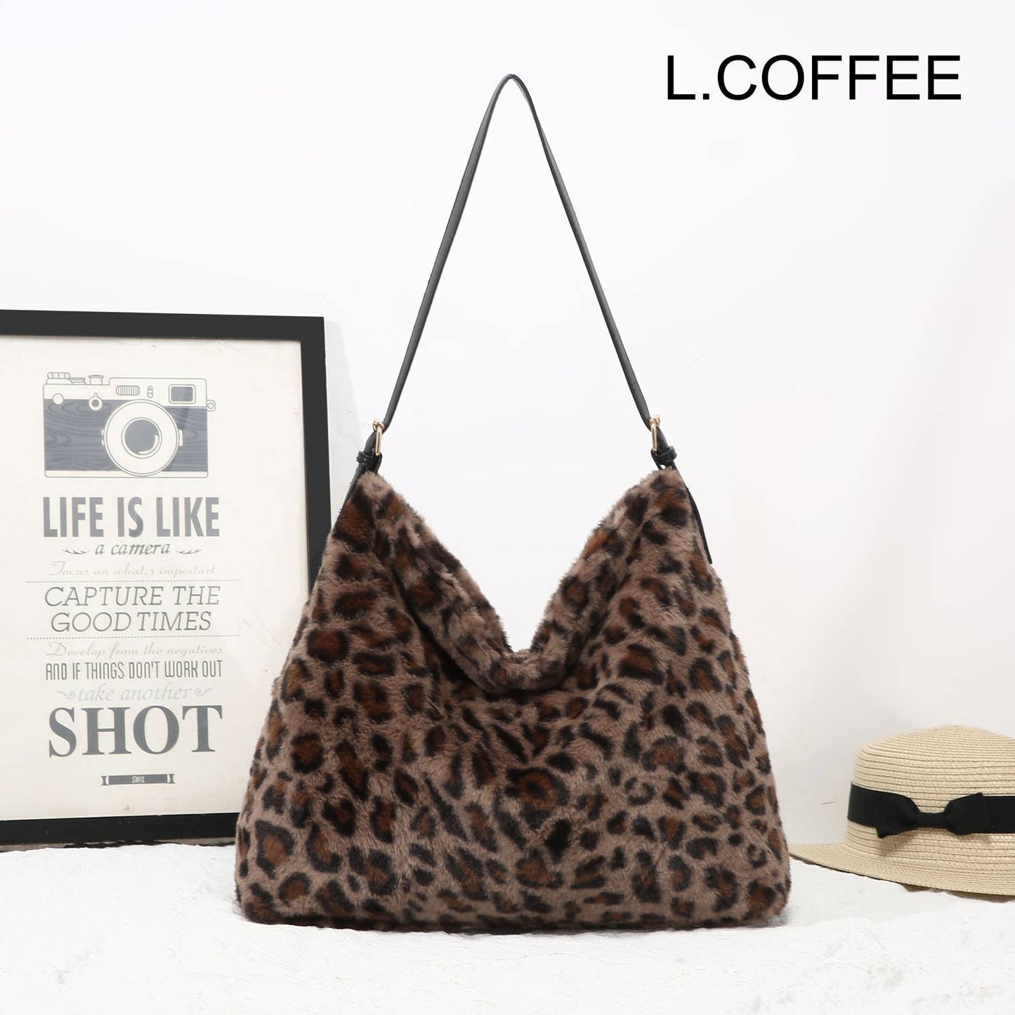 Brown Faux Fur Leopard Print Slouch Bag