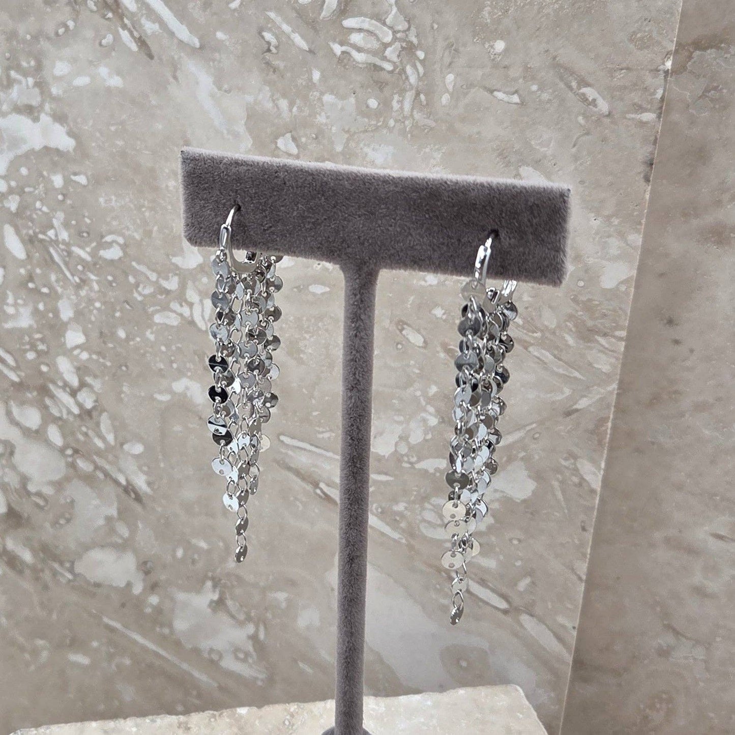 Mini disc shiny waterfall earrings: Silver