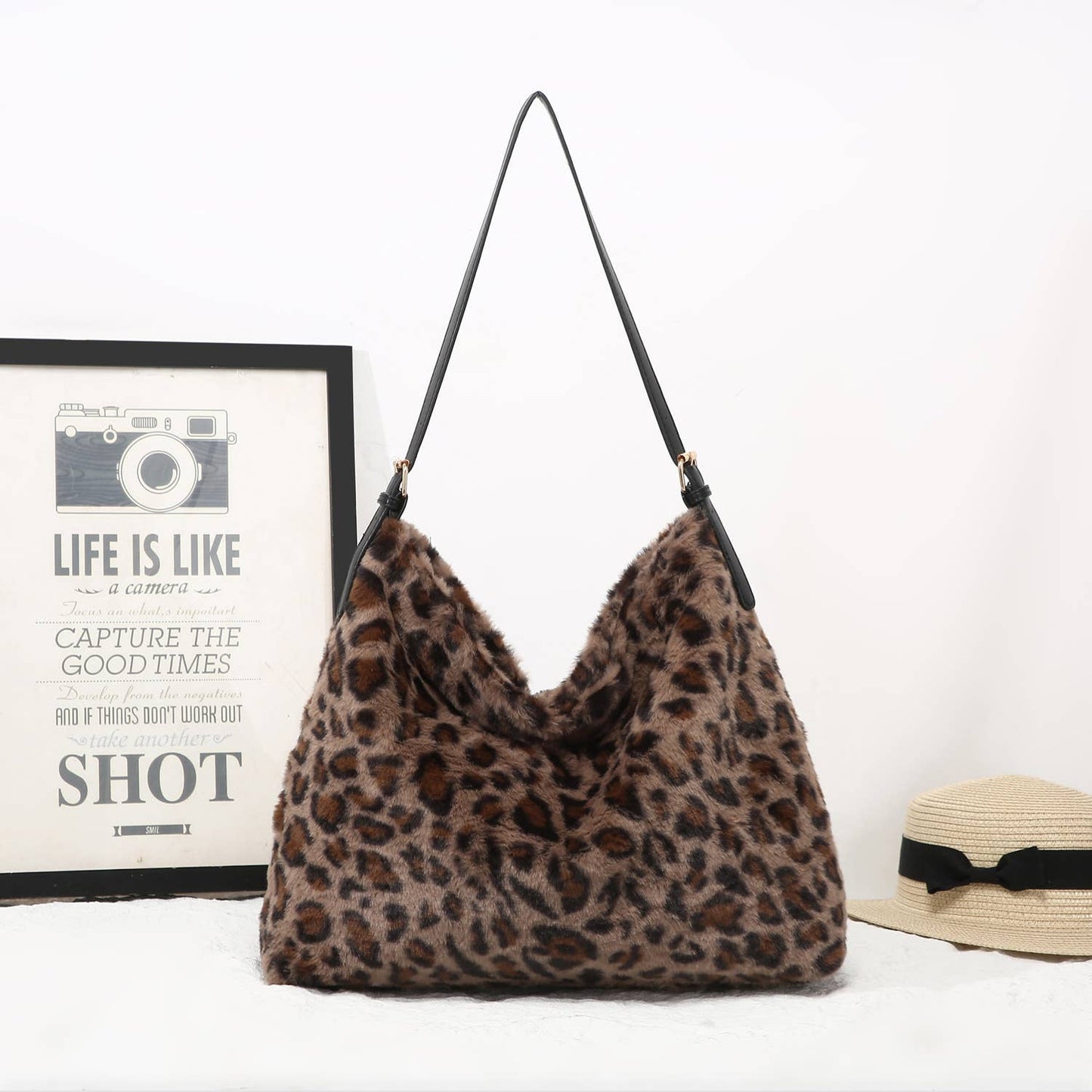 Brown Faux Fur Leopard Print Slouch Bag