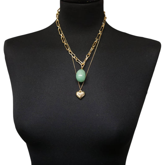Layered Necklace in gold- with Green stone and Heart NK392GG