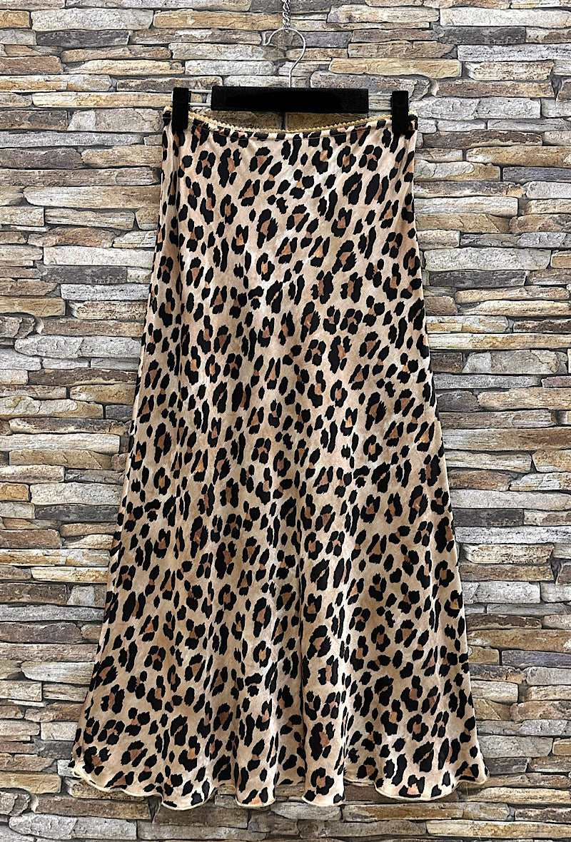 SATIN LEOPARD PRINT MIDI SKIRT